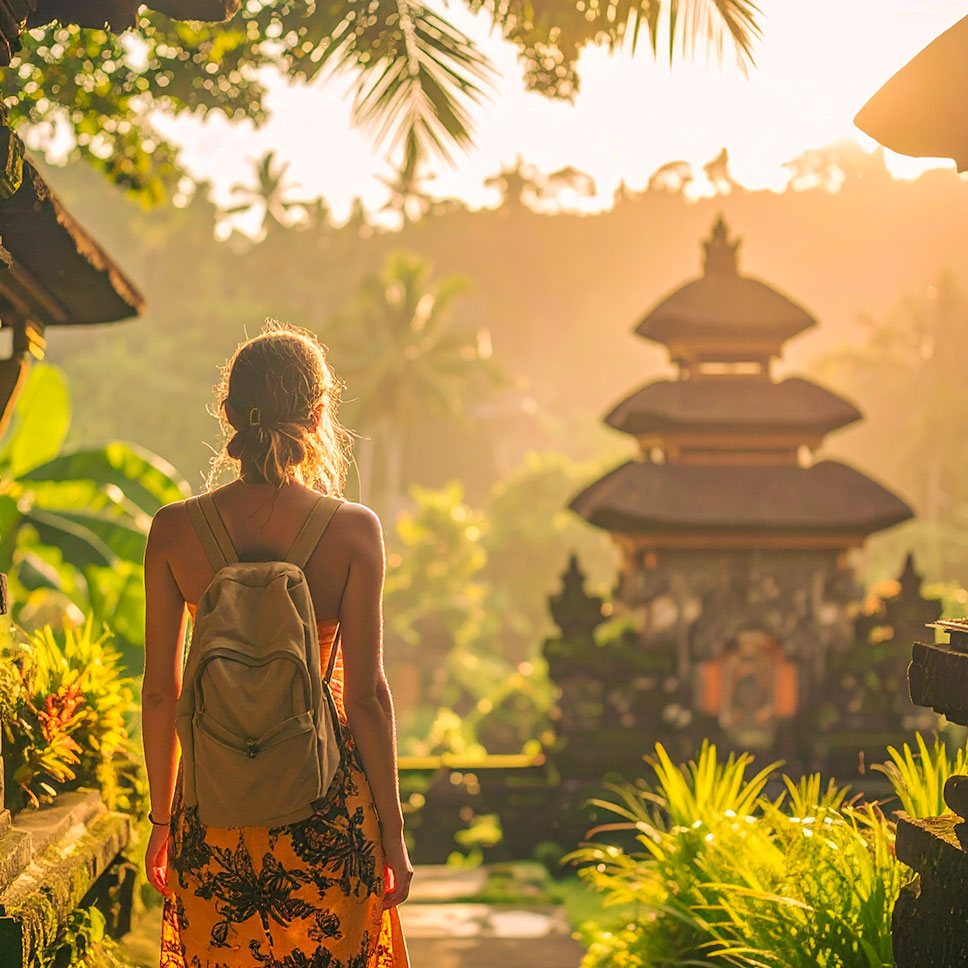 Frau auf einem Ausflug vor dem Palast in Ubud.