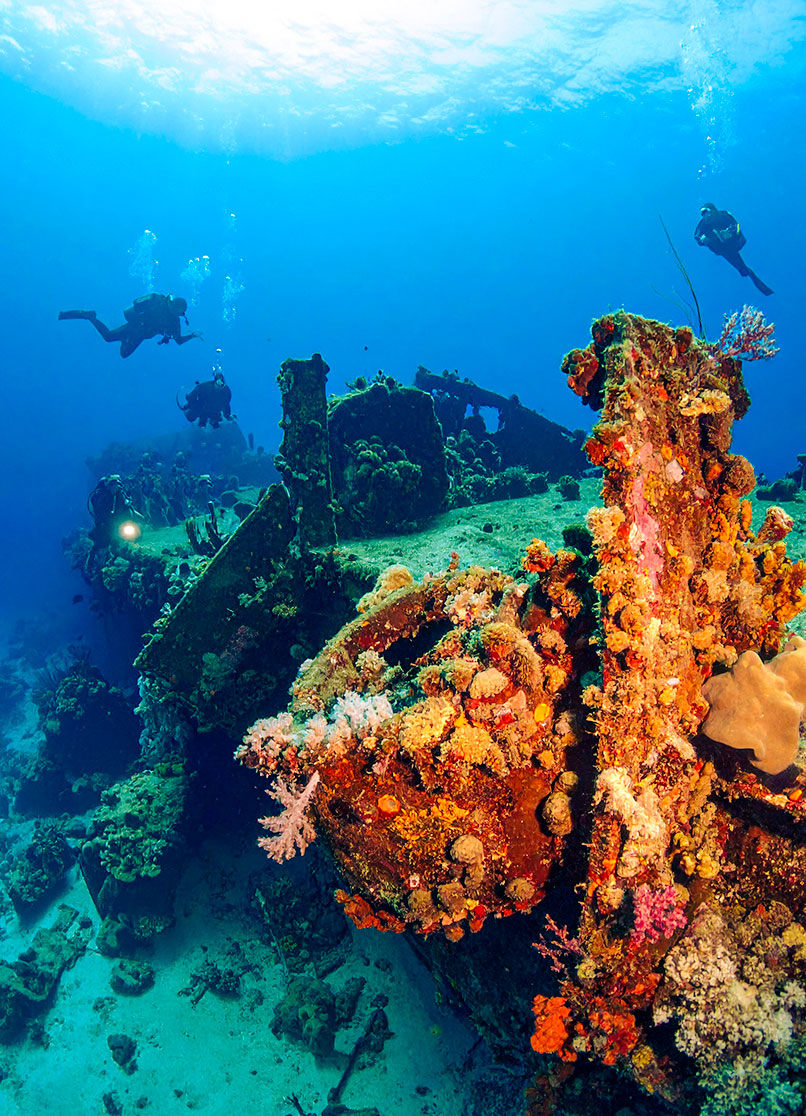Taucher am Wrack der Liberty in Tulamben auf Bali.