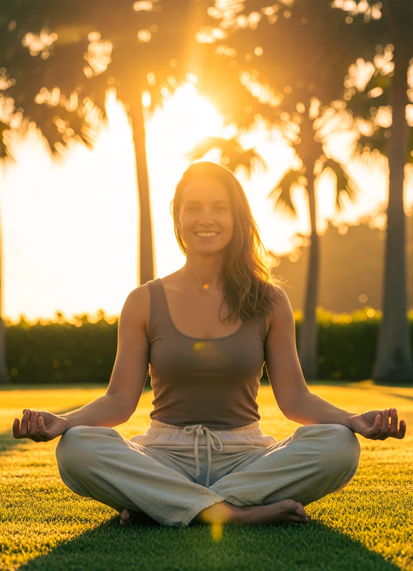Frau sitzt in Yoga Pose bei Sonnenaufgang im Bali Resort.