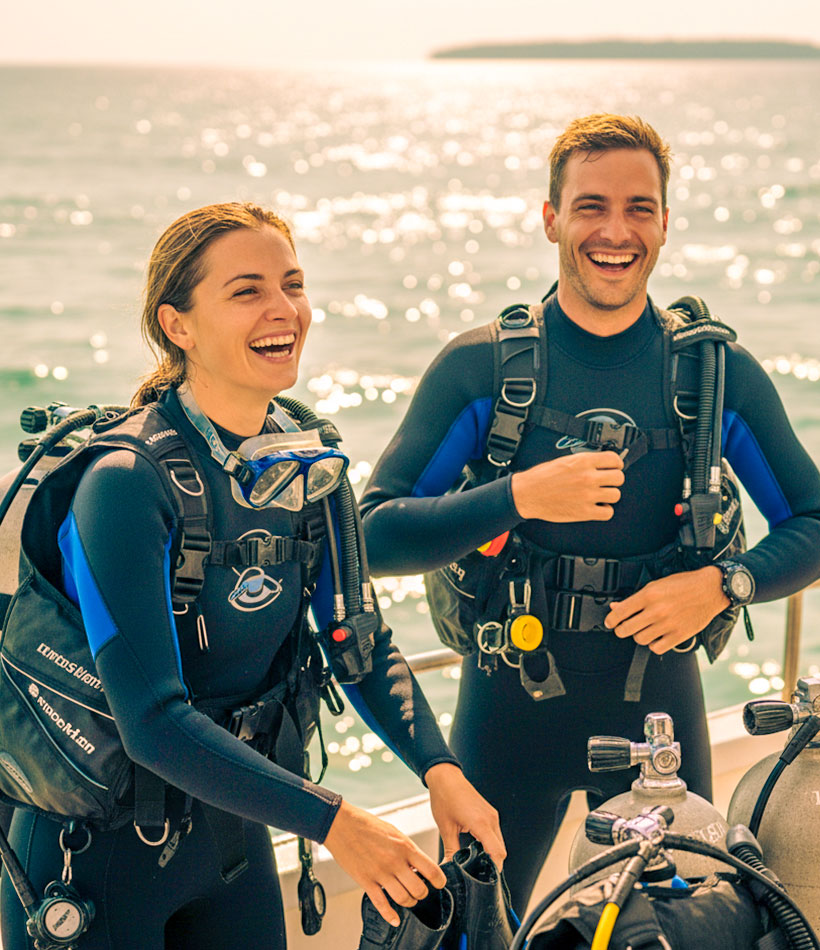 Zwei Taucher bei einem Bootstauchgang im Bali Villa Dive Resort.